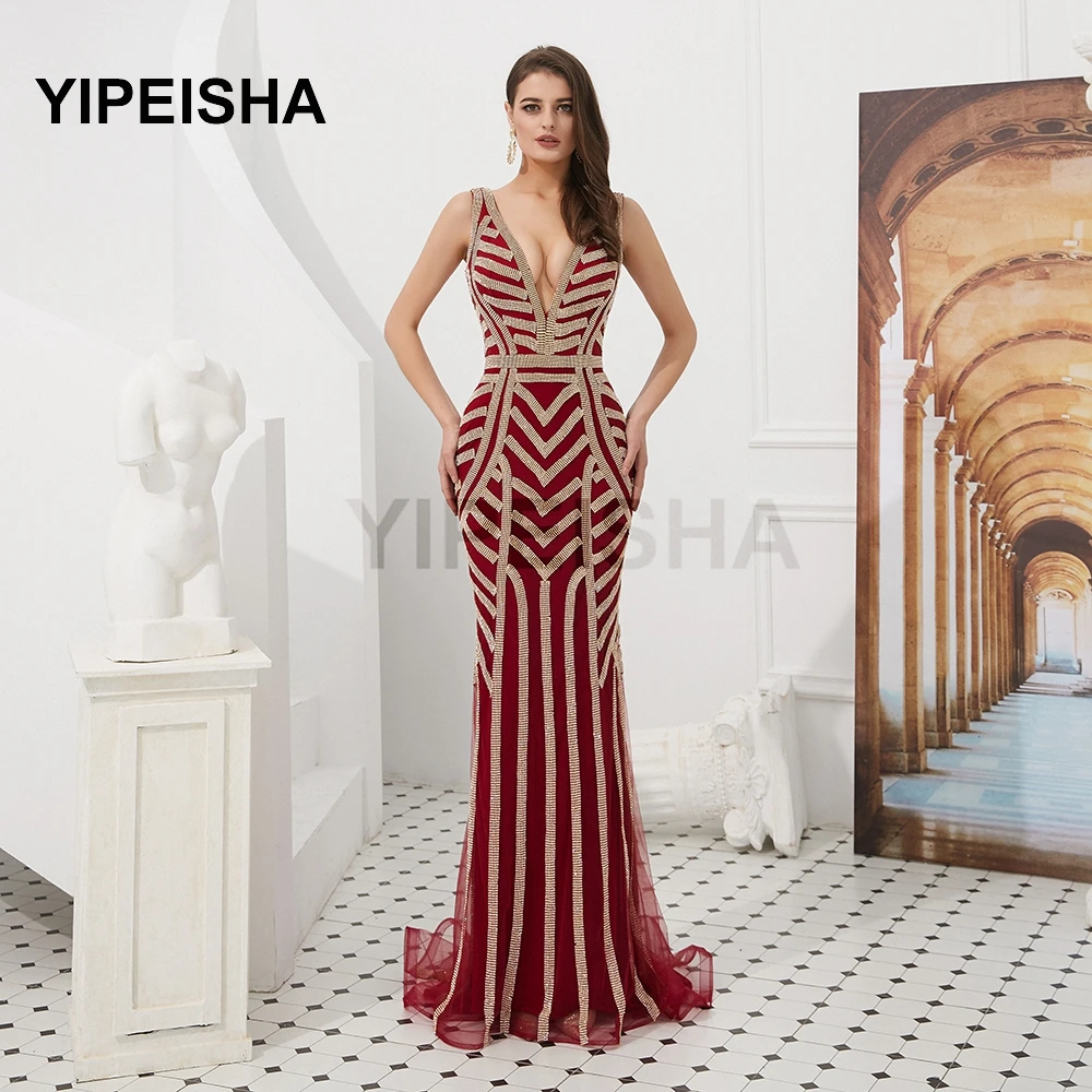 

2021 New Sexy Deep V-Neck Backless Evening Dresses Sleeveless Beading Mermaid Prom Party Gown robe de soirée de mariage