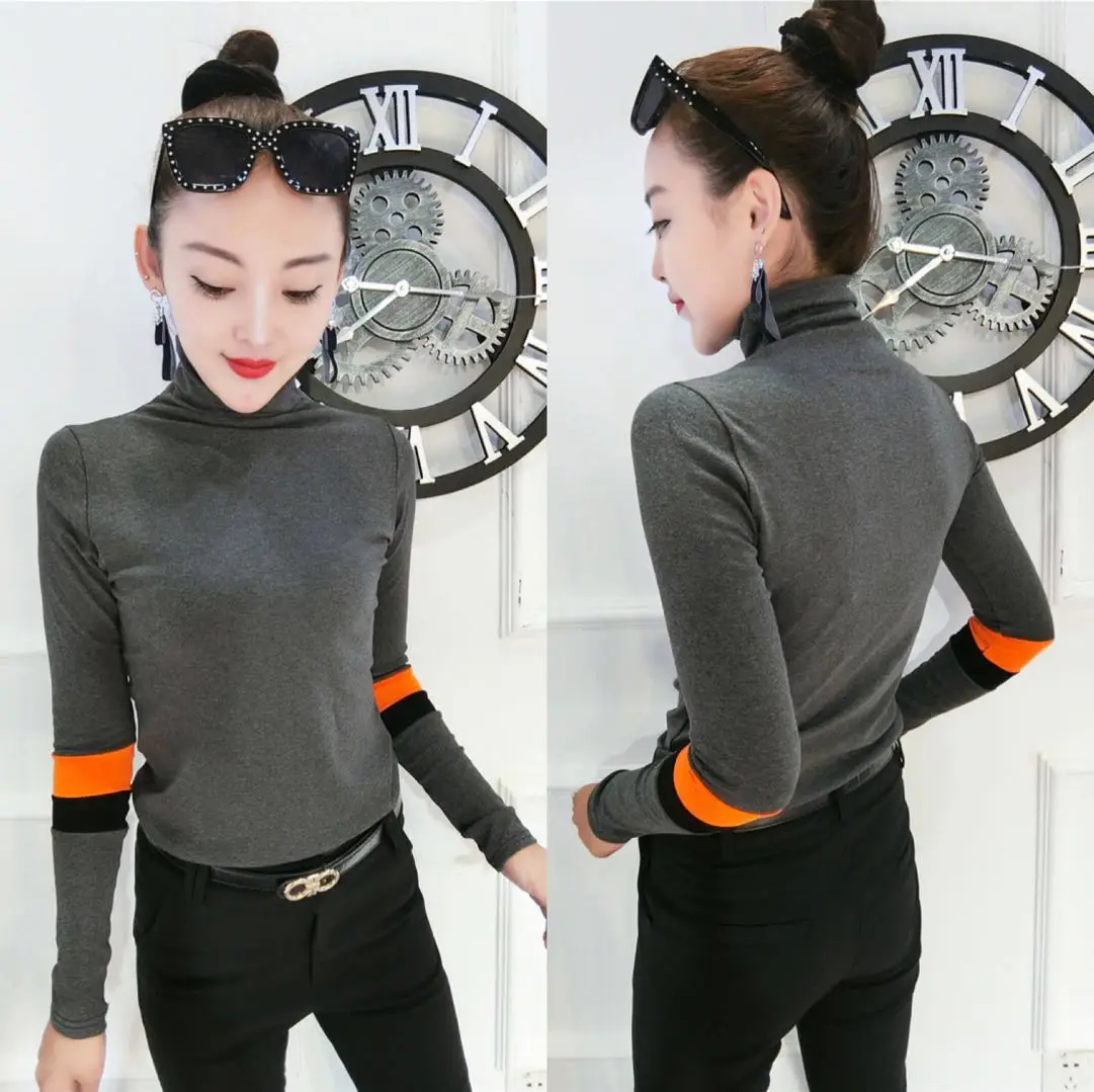 Winter Long Sleeve Turtleneck Cotton T-shirts Women Bodycone Strechy Cotton Pullovers Lady High Collar Cotton T-shirts Tops