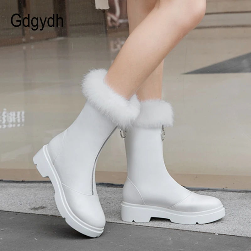 Gdgydh Long Plush Inside Leather PU Snow Boots Plush Boots Women Warm Natural Fur Winter Boots Female With Zipper High Quality
