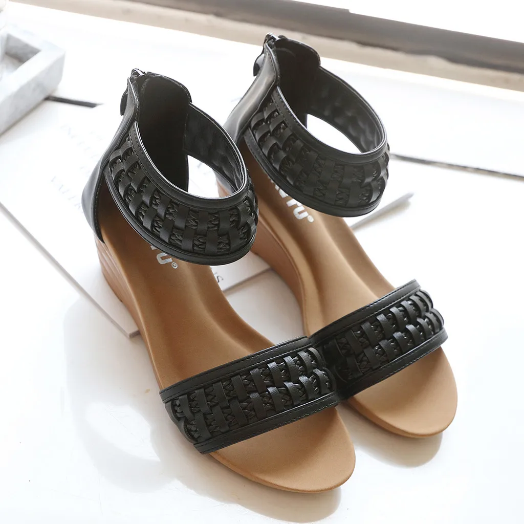 

Women's Comfortable Braided Bohemian Wedges Sandals Casual Zipper Single Shoes