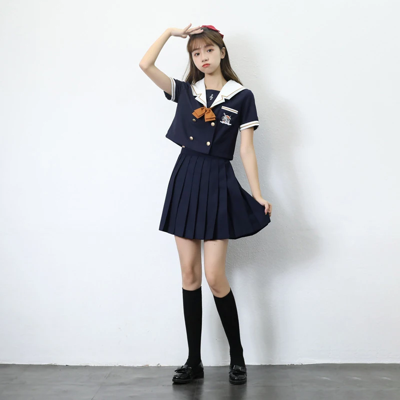 

[Magic Symphony] Summer Navy Sailor Suit With Musical Note Embroidery Women JK High School Uniform Class Students Cloths