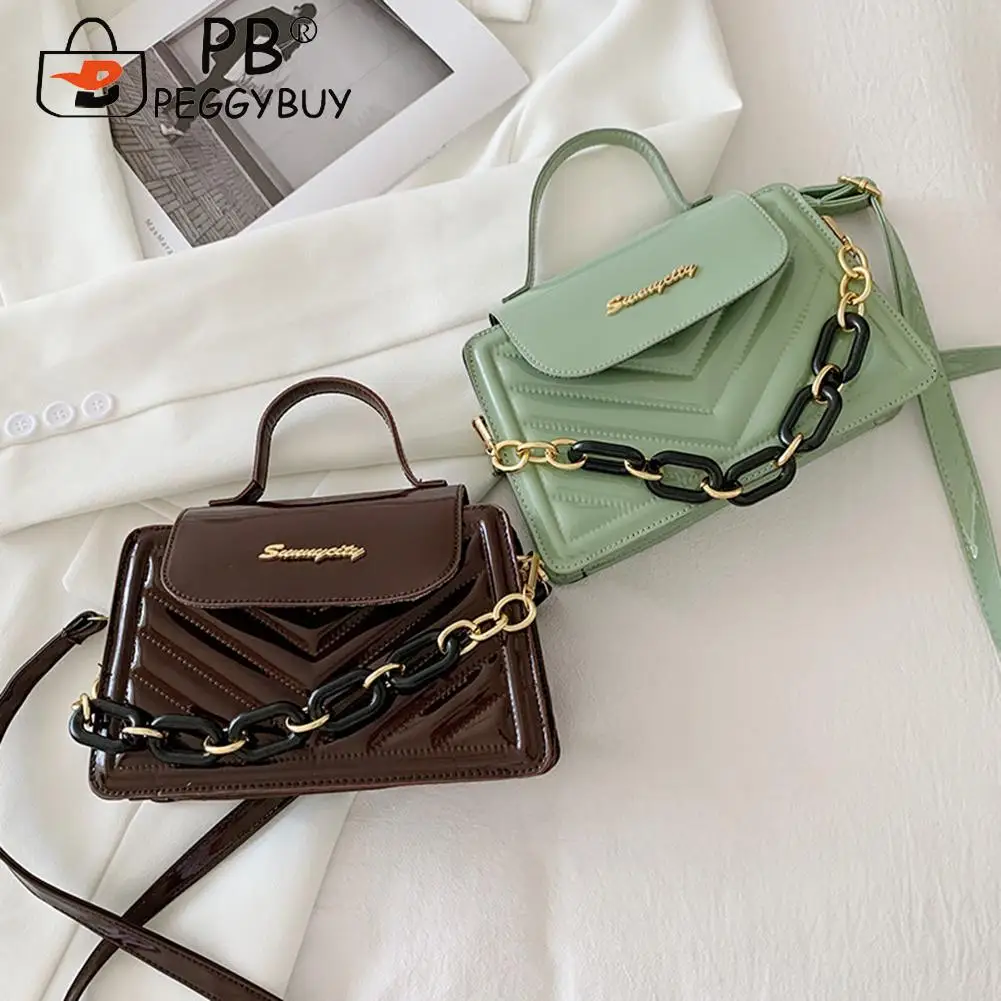 

Casual Pure Color Handbag Purse Women Weave Thick Chain Embroidery Patent PU Shoulder Bag Fashion Messenger Bags