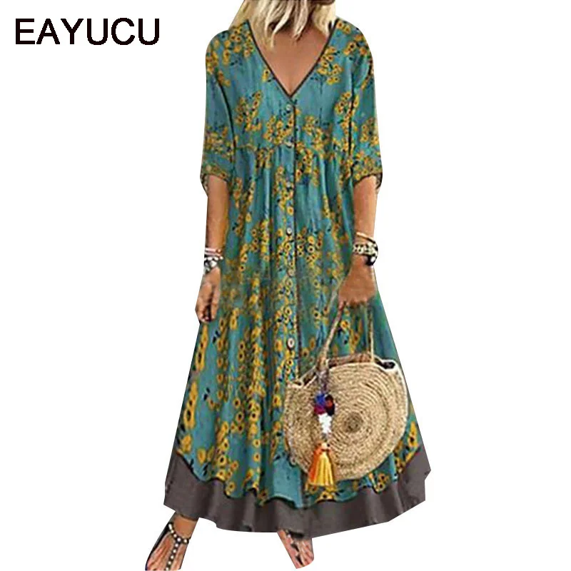 

EAYUCUWomen's Dress 2021 Spring and Autumn Bohemian Beach Dress Side Long Sleeve Dress Wrapped Sundress Robe ED313