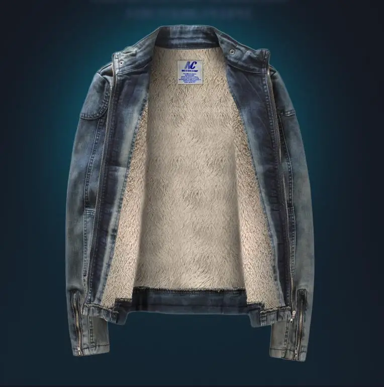 Мужская Толстая джинсовая куртка зимняя мотоциклетная байкерская со стоячим