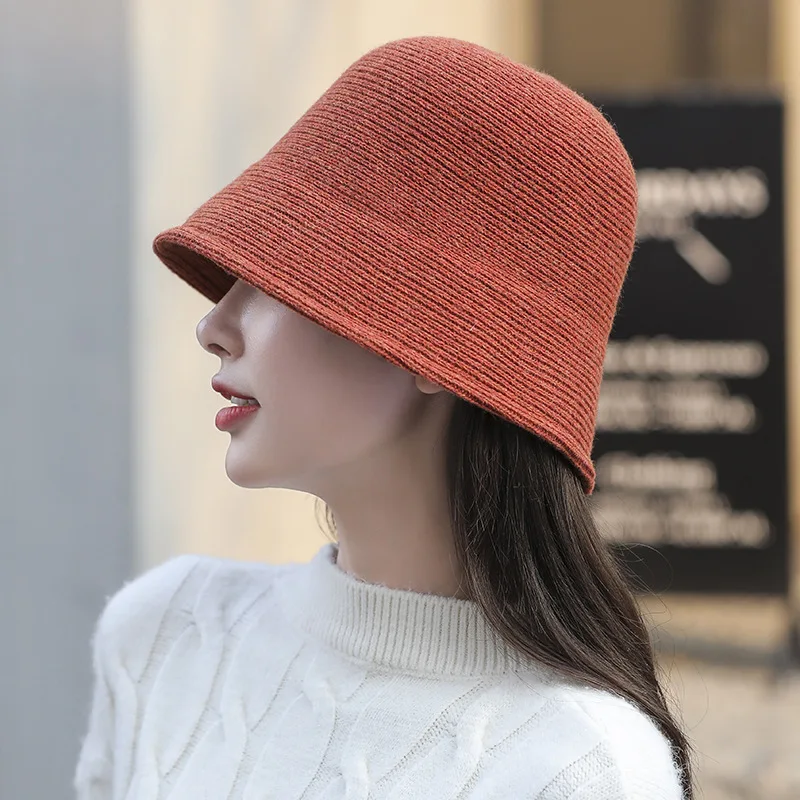 

Solid Color Wool Bucket Hat Women's Autumn and Winter Fisherman Vintage Knitting Basin Cap Adult Casual Sun Protection