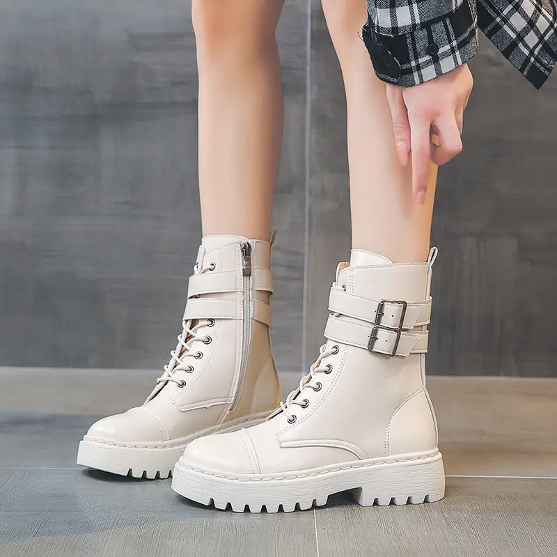 

Women's Short Boots Buckle Strap Side Zipper Mid-Calf Boots Female High Platform Rubber Black Beige Comfortable Shoes Size 35-40