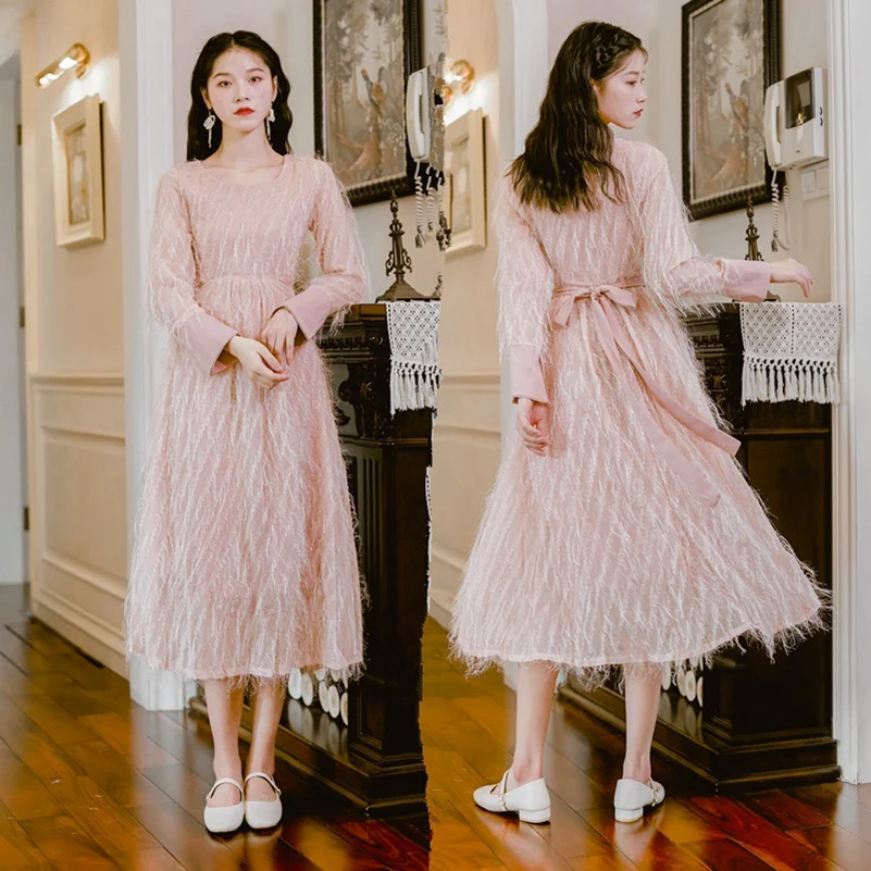 

2021 Fashion The New Spring And Autumn Round Neck Lace Long Sleeve Tassel Dress Free Shipping