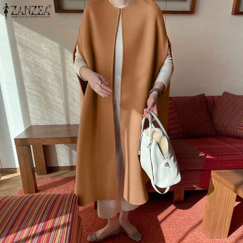 

Women Elegant Open Front Coats ZANZEA Fashion Solid Capes Spring Autumn Sleeveless Woolen Outwear OL Casual Long Poncho Oversize