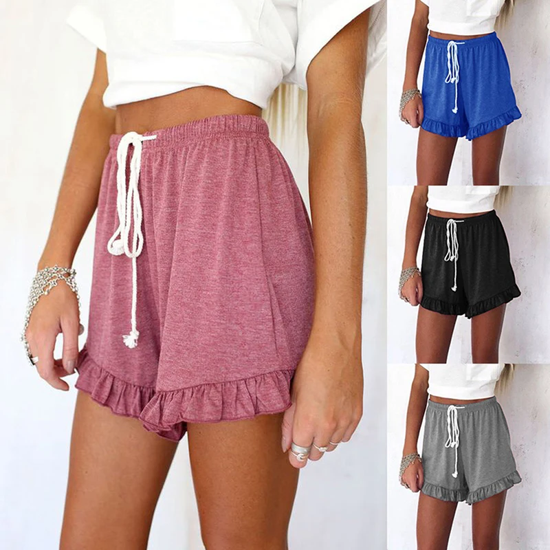 

Fashion Ruffle Hem Belted Women Shorts Casual Loose Solid Shorts Cotton Linen Short Pants Women High Waist Summer