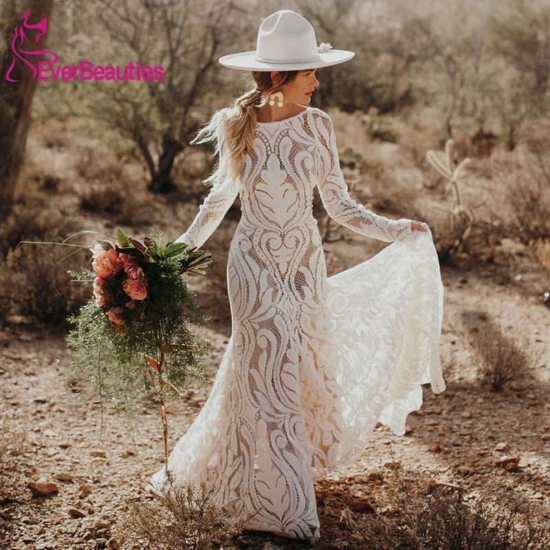 

Уникальное богемное свадебное платье для невесты 2020 полностью кружевные с открытой спиной с длинными рукавами в стиле бохо шикарные соврем...