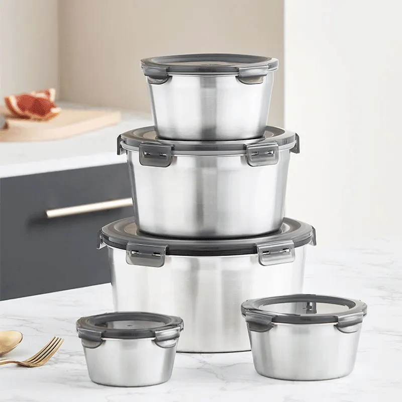 

4Pcs/Set Round Lunch Box 304 Stainless Steel Refrigerator Food Storage Box Kitchen Microwave Heating Sealed Fresh-keeping Box