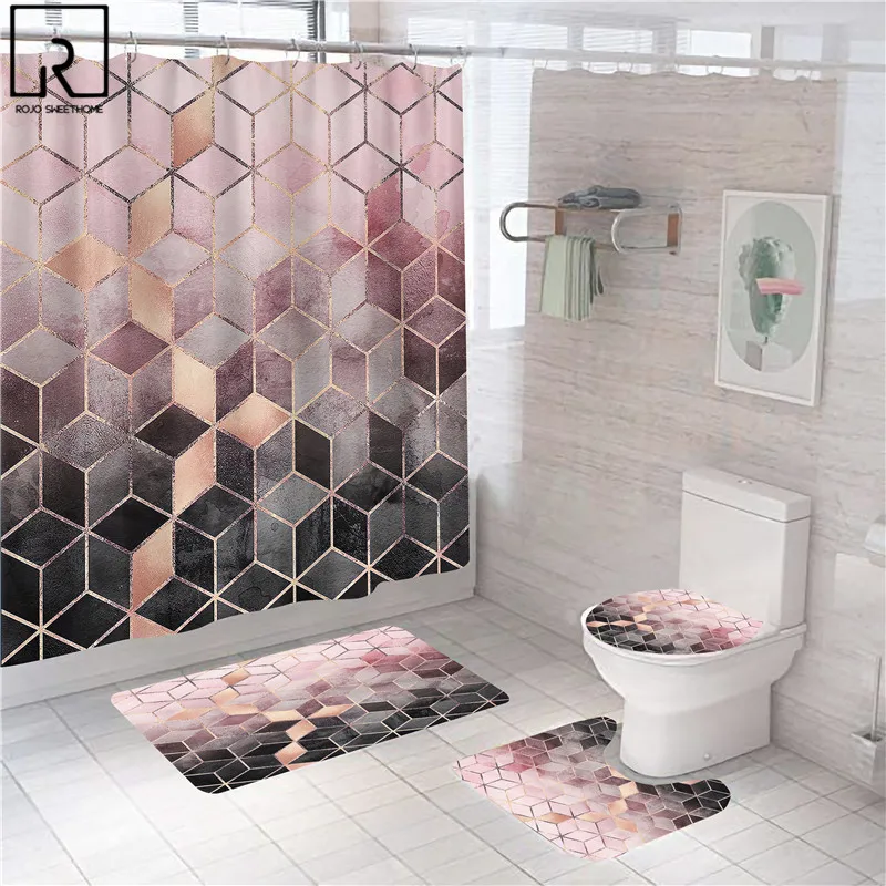 geometric marble print shower curtain bath mat set soft carpet anti slip rug toilet lid cover bathroom curtain modern home decor free global shipping