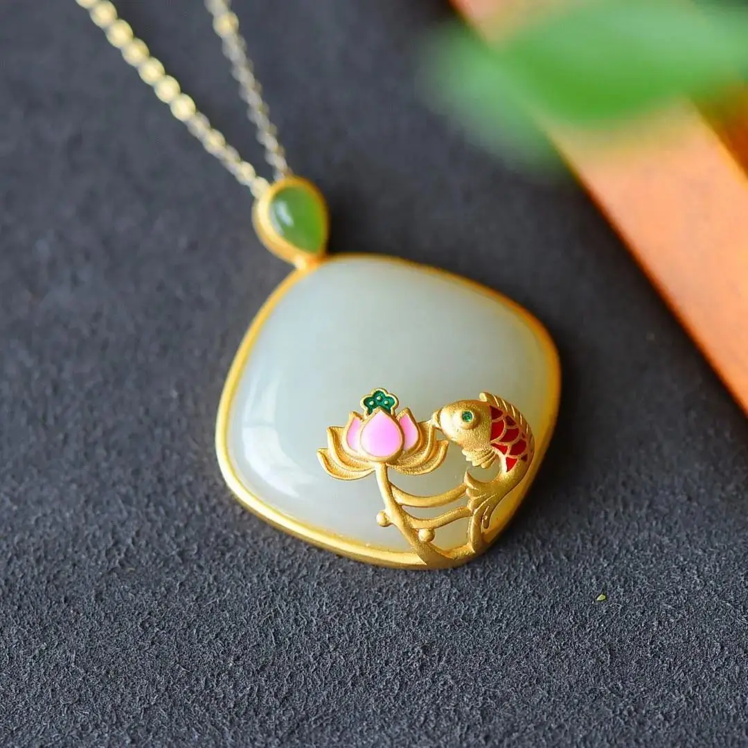 

Natural Hotian Jade Pendant Women's Small Gilding Pisces Lotus Pendant round Jade Jade Pendant S925 Sterling Silver Necklace