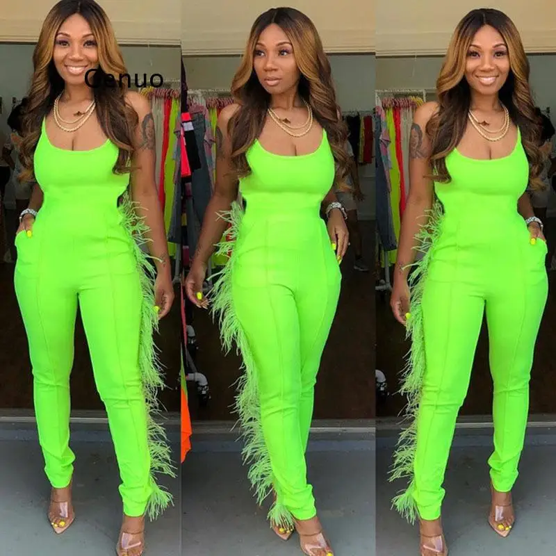 

Neon Green Tassel Trim Sexy Jumpsuit Womens Spaghetti Strap Sleeveless Bodycon Long Jumpsuit Club Party Rompers Female Overalls