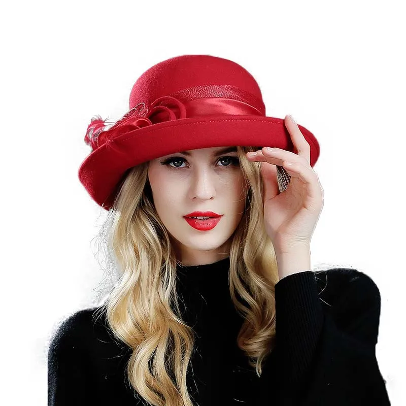 Зимняя теплая шерстяная шляпа Женская винтажная фетровая элегантная с цветочным