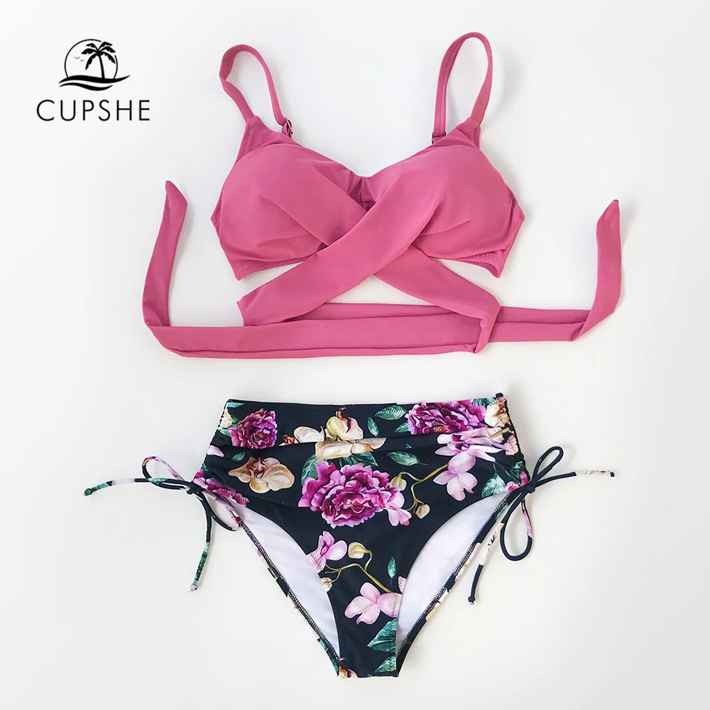CUPSHE, розовый и цветочный принт, комплекты бикини, сексуальные, на шнуровке, с мягкими чашечками, купальник, две части, купальники для женщин,, пляжные купальники