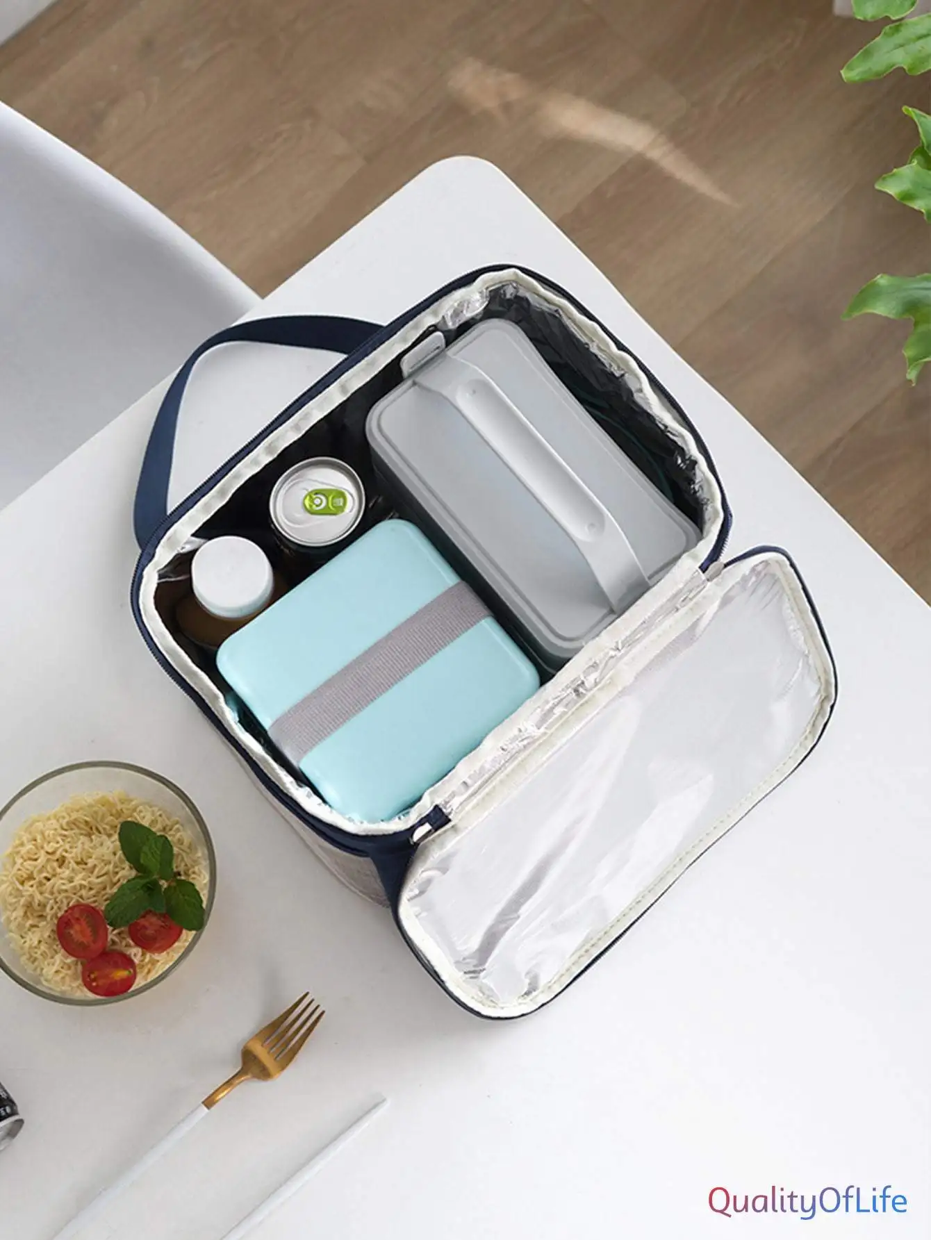 

1pc Portable Lunch Box Bag one-size Navy Blue PolyesterLunch Bags