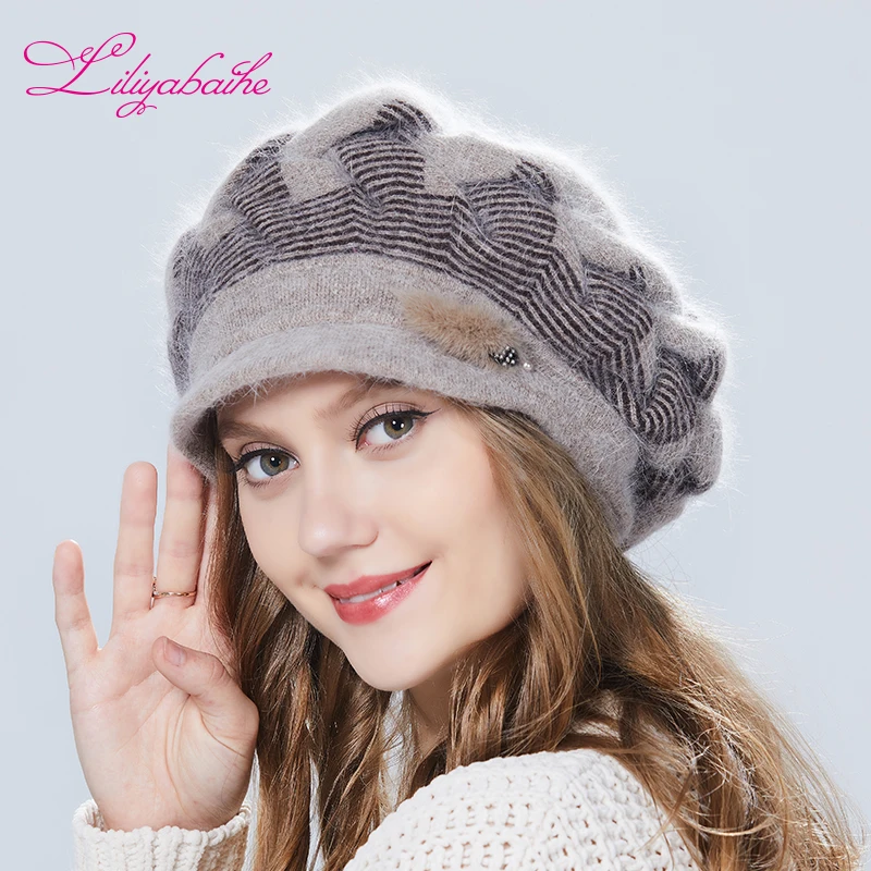 женская зимняя шапка Шерсть ангора Шапка с козырьком Вязаная Украшение из норки