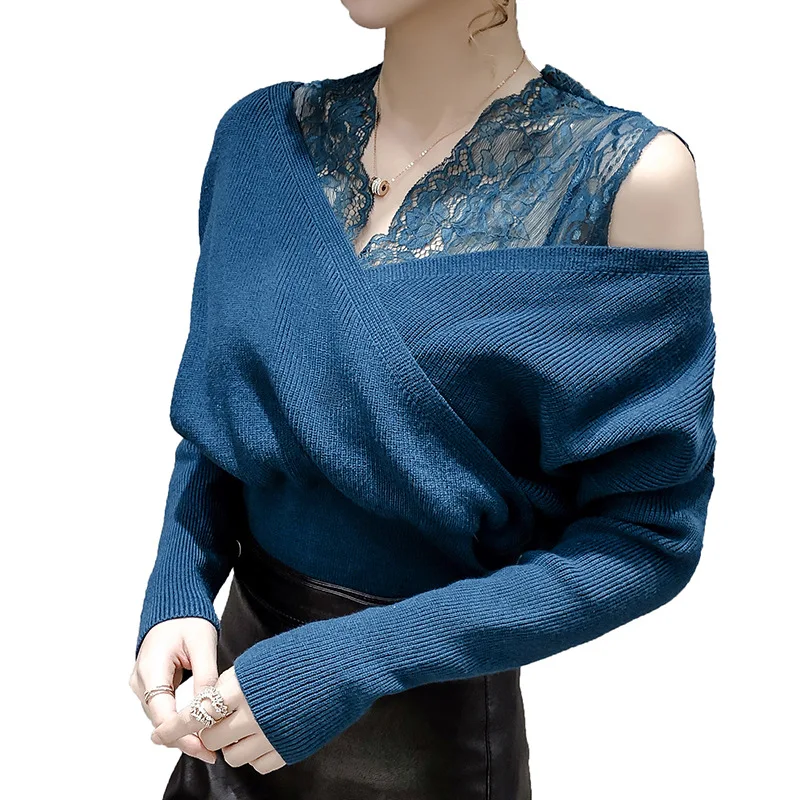 

Women V-neck Lace Patchwork Knitted Sweater Winter Autumn Female Jumper Long Sleeve Solid Sweater Ladies Loose Casual Sweaters