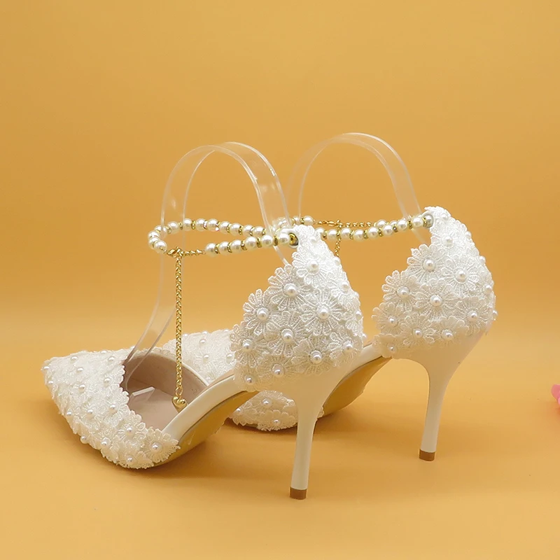 

White Lace Flower Wedding Shoes And Bags Set High Heels Pointed Toe Ankle Strap woman Party shoe with matching purse Lace-up