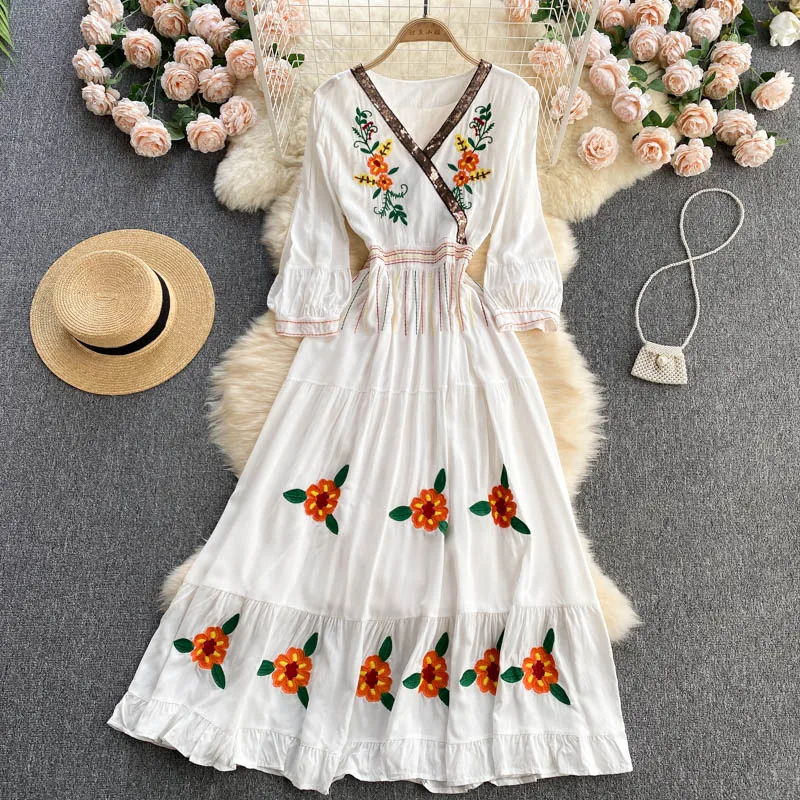 

Женское богемное платье с V-образным вырезом, длинное праздничное платье с вышивкой и цветами, восстанавливающее древние путь, лето