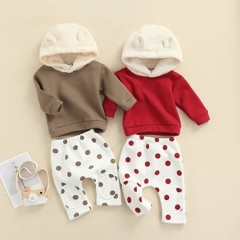 

2pcs Little Girls Boys Outfit, Color Matching Thickened Cartoon Ears Decoration Long Sleeve Hooded Tops + Dot Long Pants