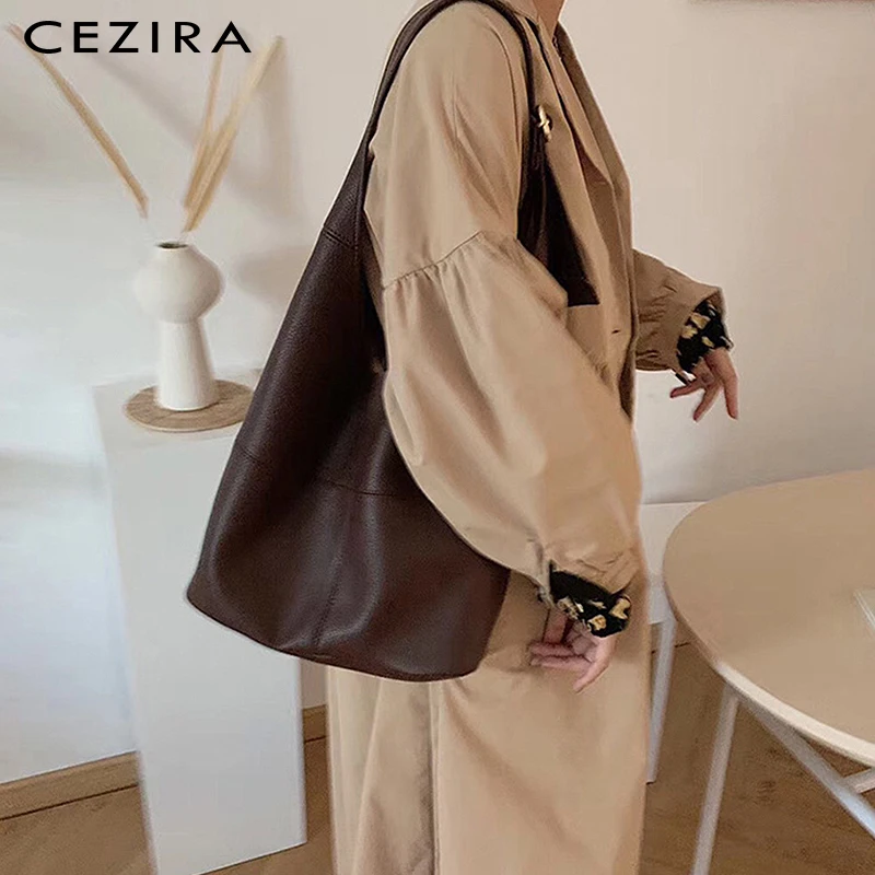 

CEZIRA Casual Large PU Vegan Leather Shoulder Bags For Women Winter Daily Design Hobo Handbag Liner Bag Female Solid Color Purse