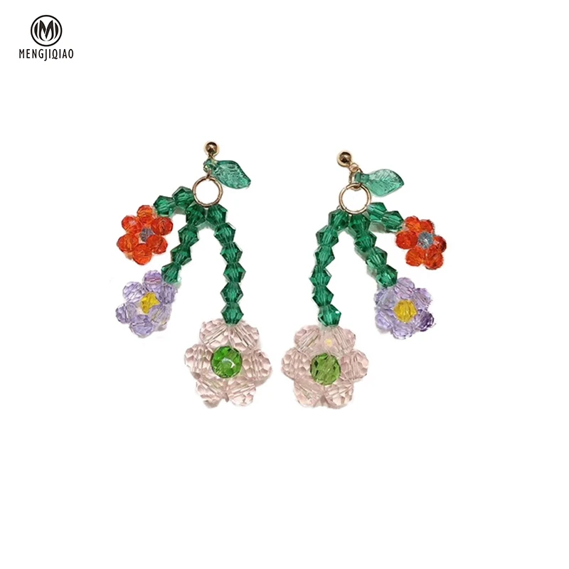 

MENGJIQIAO Korean New Handmade Crystal Beads Flower Drop Earrings For Women Students Fashion Holiday Brincos Summer Jewelry