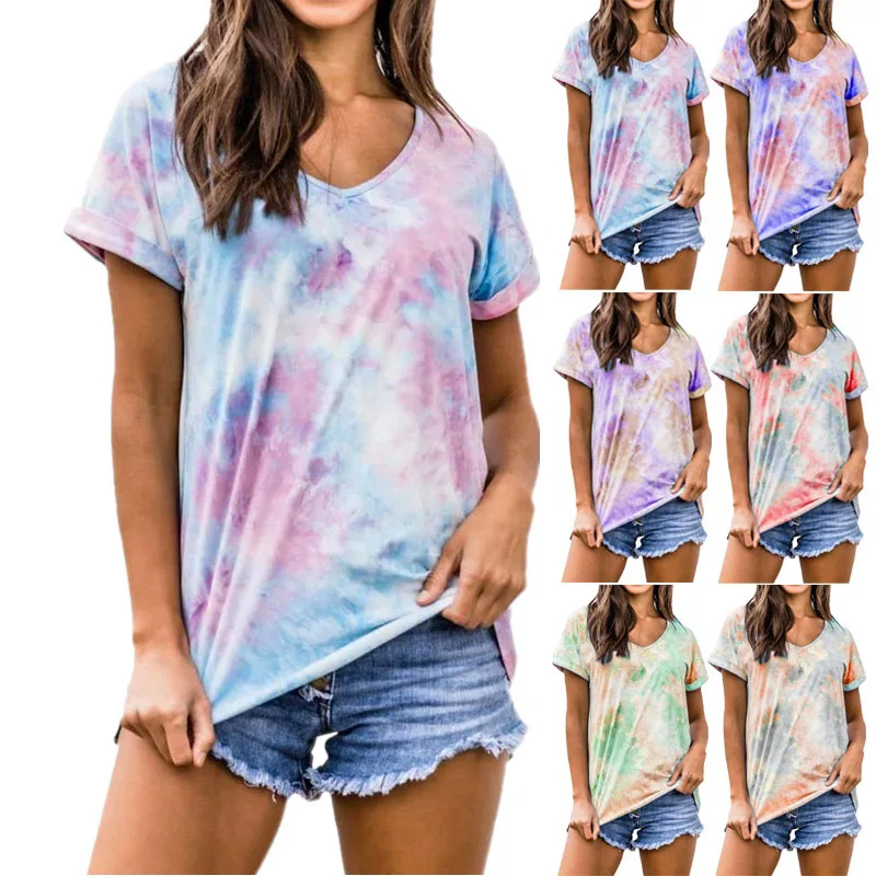 

Shirts Streetwear Loose Short Sleeve T-shirt Harajuku Pink Graphic Tees Womens Print Gradient Tie-dye Women 2020 New