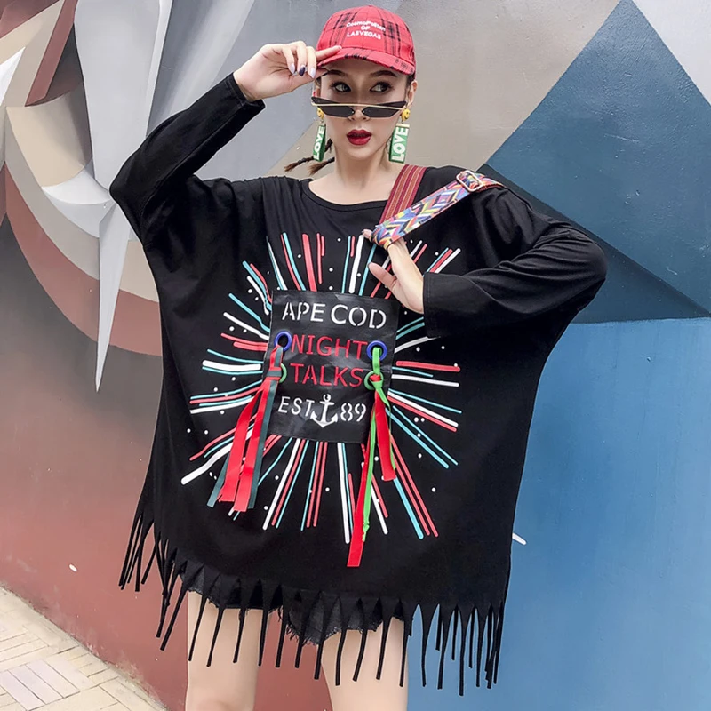 Женская длинная футболка с кисточками мешковатая Корейская в стиле Харадзюку