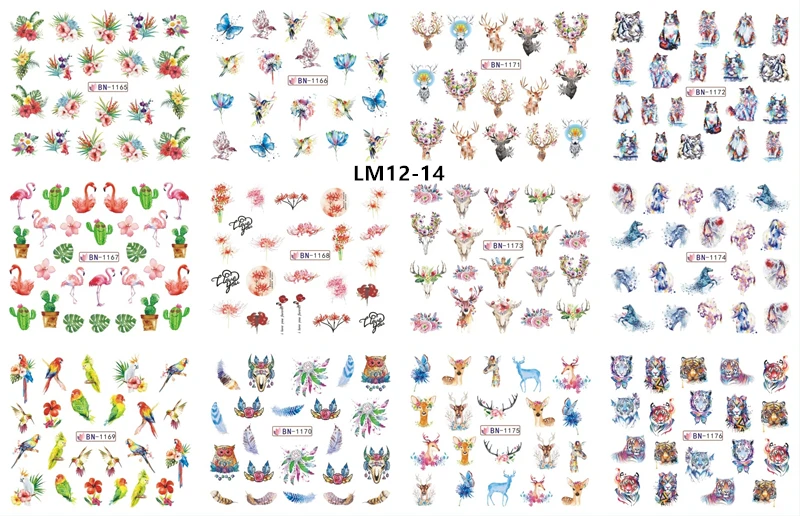 LM12-14 12 Designs Watermark Nail Art Decoration Water Decals Flower Flamingo Bird Rose Sticker Manicure Sliders Adhesive Tip BN913-924 - Color: LM12-14