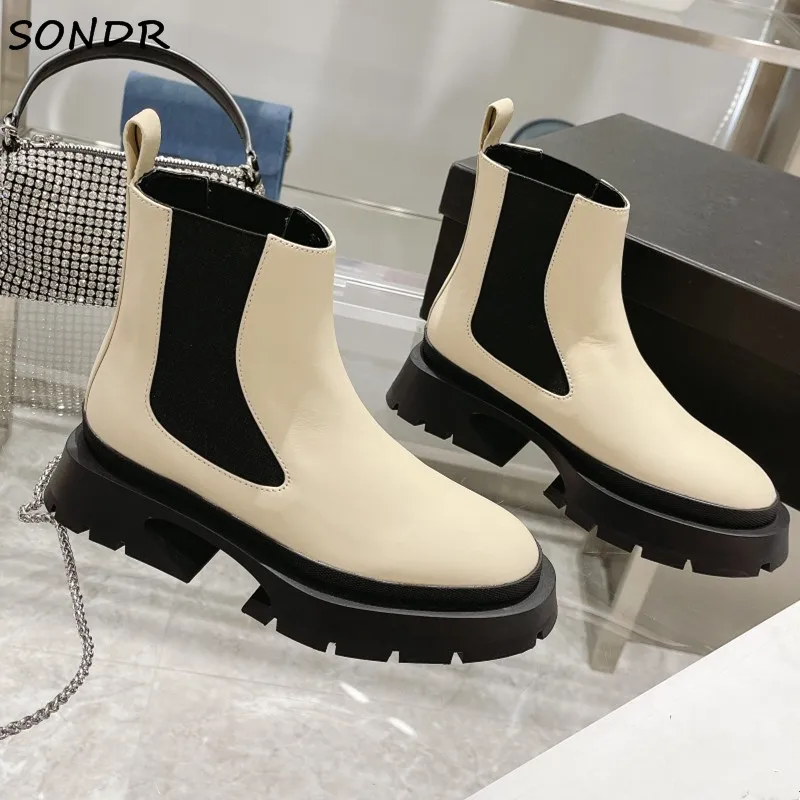 

Women's Cow Leather Chelsea Boots Thick Sole Round Toe Motorcycle Boots Fashion Platform Slip On Designer Ankle Boots Women 2021