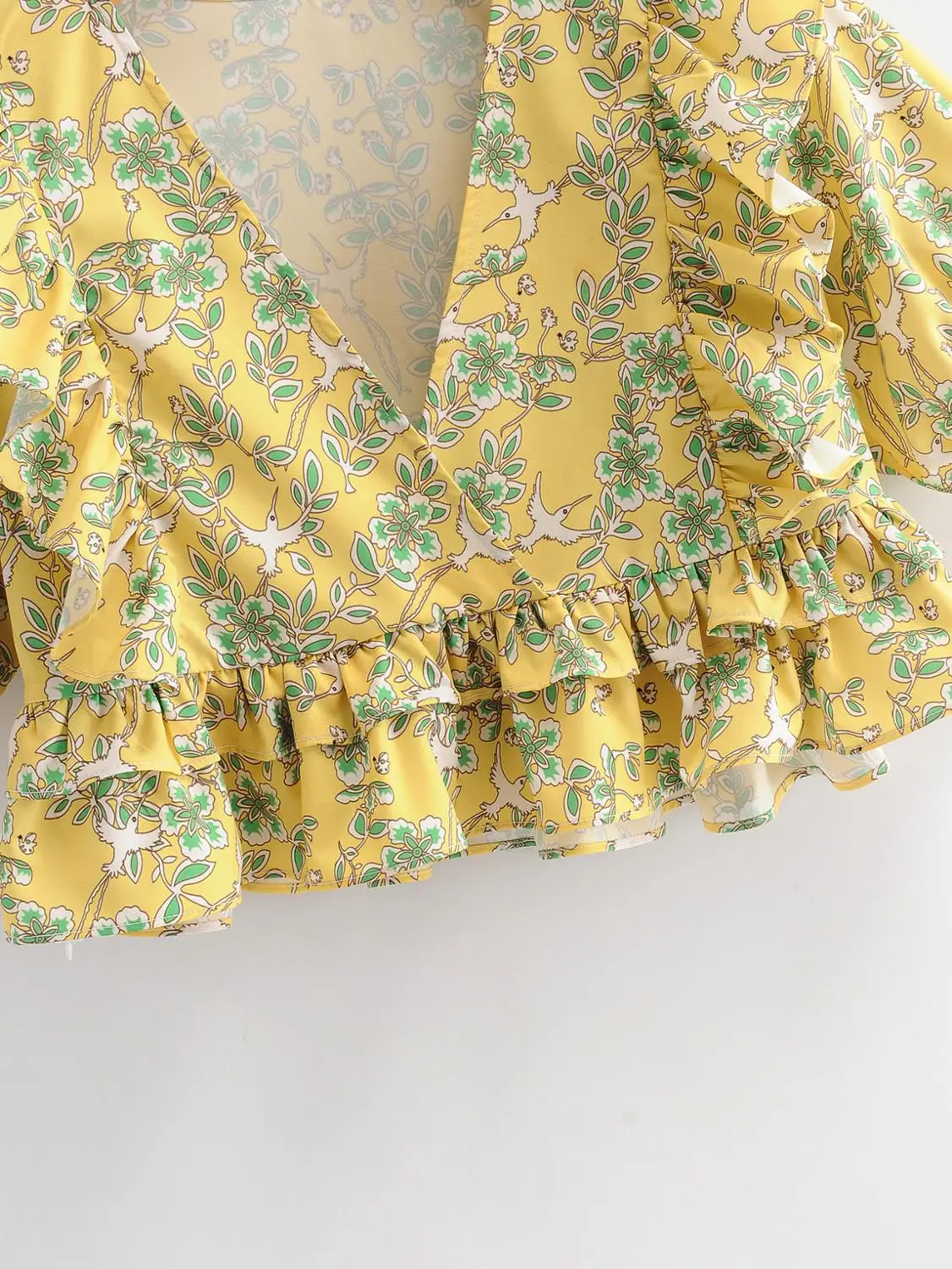

French Vintage X-neck Ruffled Printed Sexy Navel Female Shirt Fashionable Wild Slim Casual Vacation Chic Women's Tops