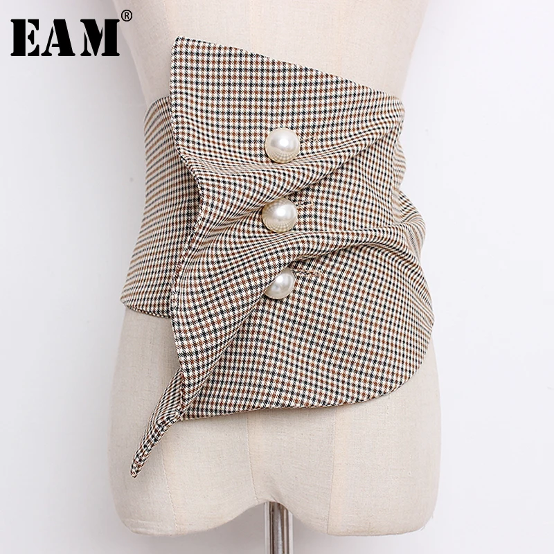 

[EAM] 2022 New Spring Summer Black Irregular Plaid Printed Pearled Nailed Irregular Stitch Wide Belt Women Fashion Tide JO621