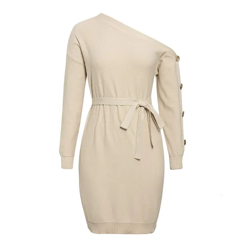 Aartiee Casual knitted ladies dress 2019 Autumn winter Loose One shoulder irregular collar midi women sash belt knitwear | Женская