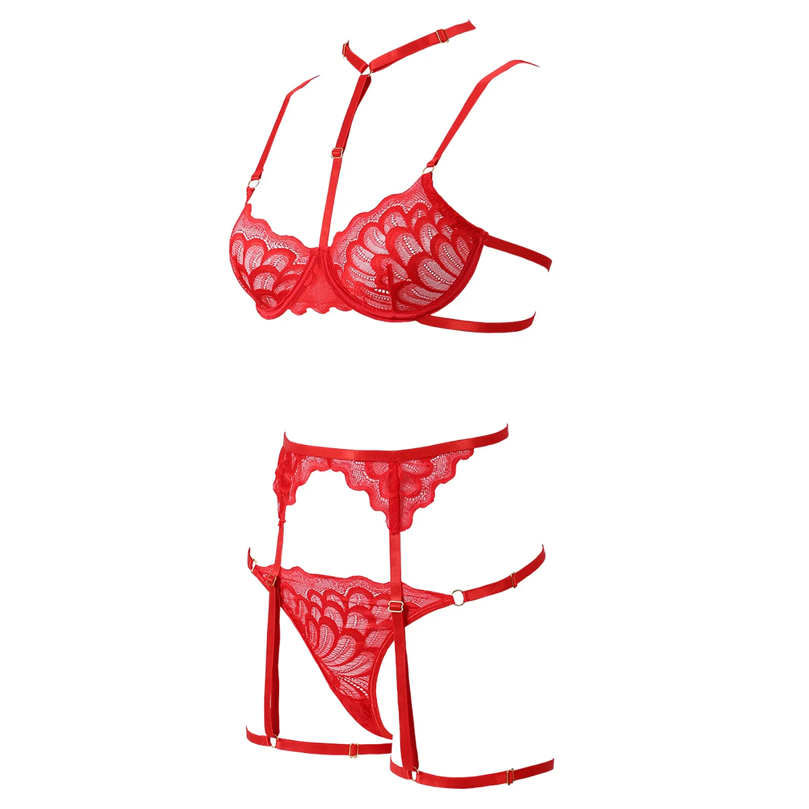 

Sexy Lingerie Lace Lenceria Set Erotica Mujer Transparent Halter Bra With Garter Thong Lingerie For Women Underwear S M L
