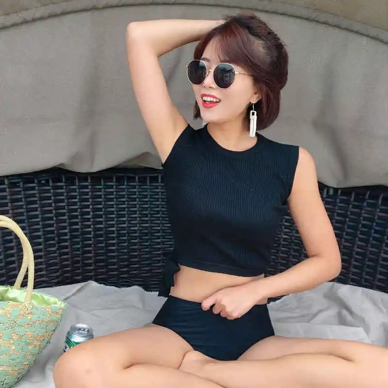 Бикини женское однотонное в Корейском стиле купальный костюм с чашками пуш-ап из