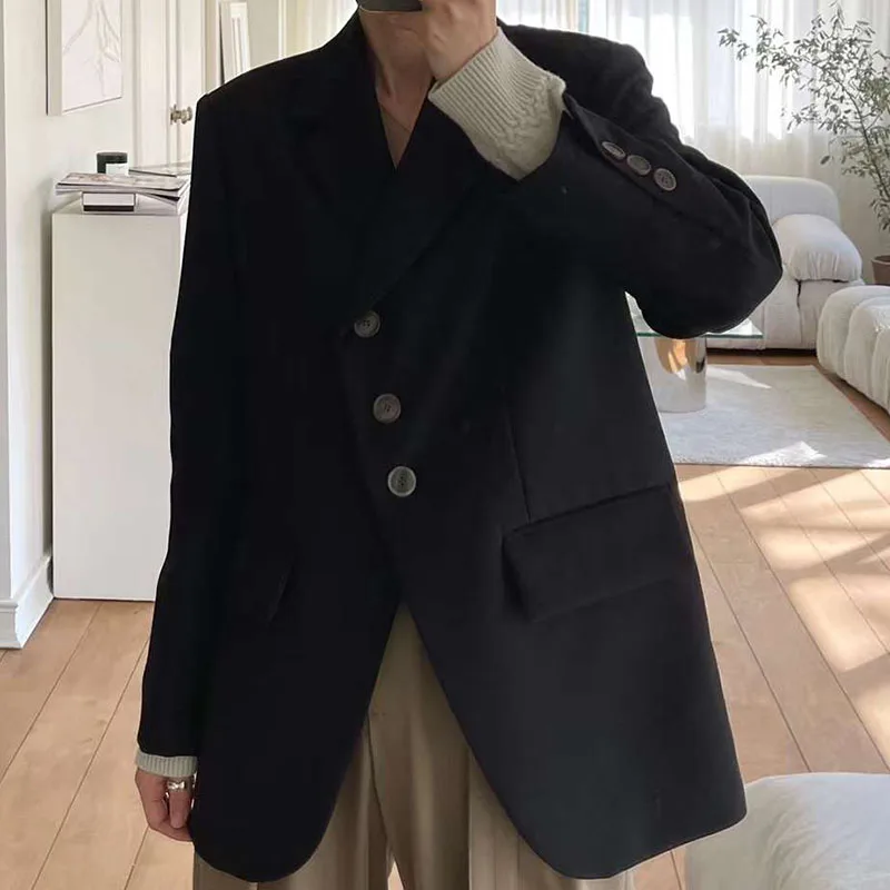 Женский винтажный черный блейзер на три пуговицы весна-осень 2021 | Женская одежда