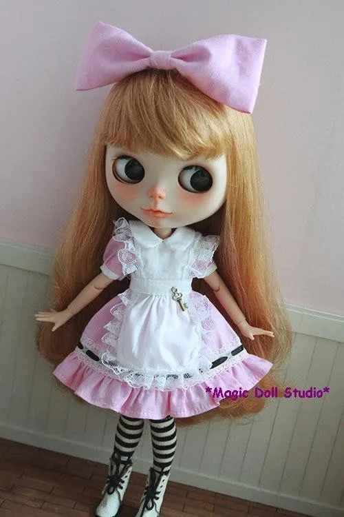 [MG118] Neoblythe Кукольное платье# розовое или фиолетовое платье, фартук, чулок и волосы комплект подходит для кукла azone наряды - Цвет: pink set