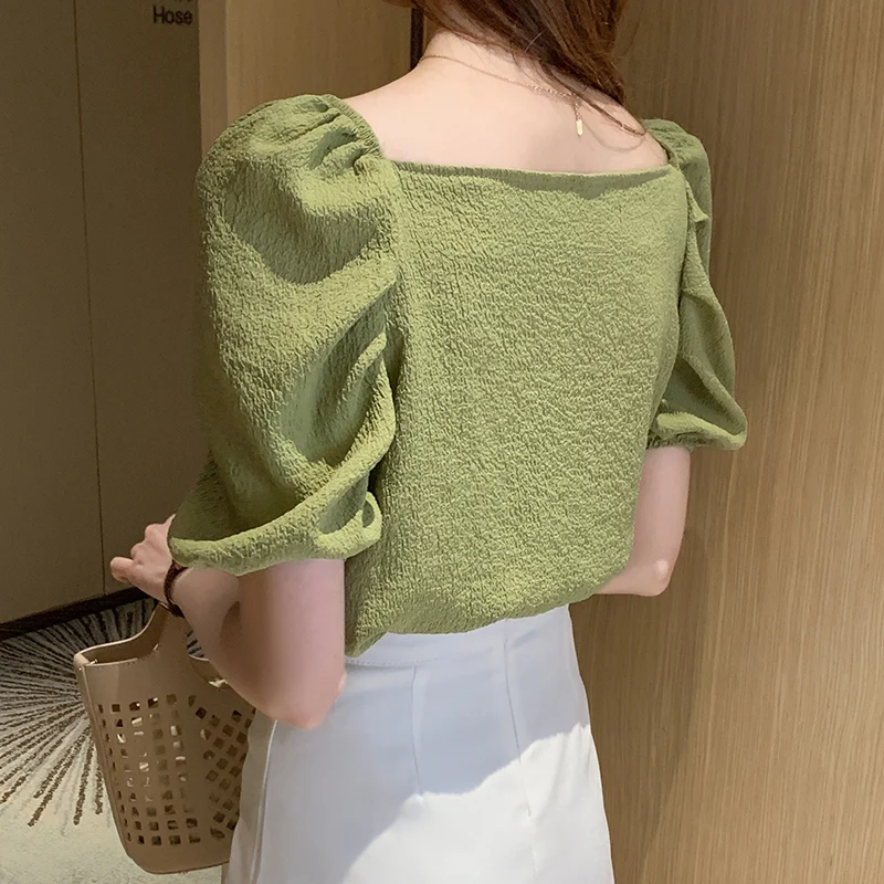 

Chikichi 2021 Summer New Korean Versatile V-neck Lantern Sleeve Pleated Bubble Crepe Short Sleeve Shirt Blouse for Women