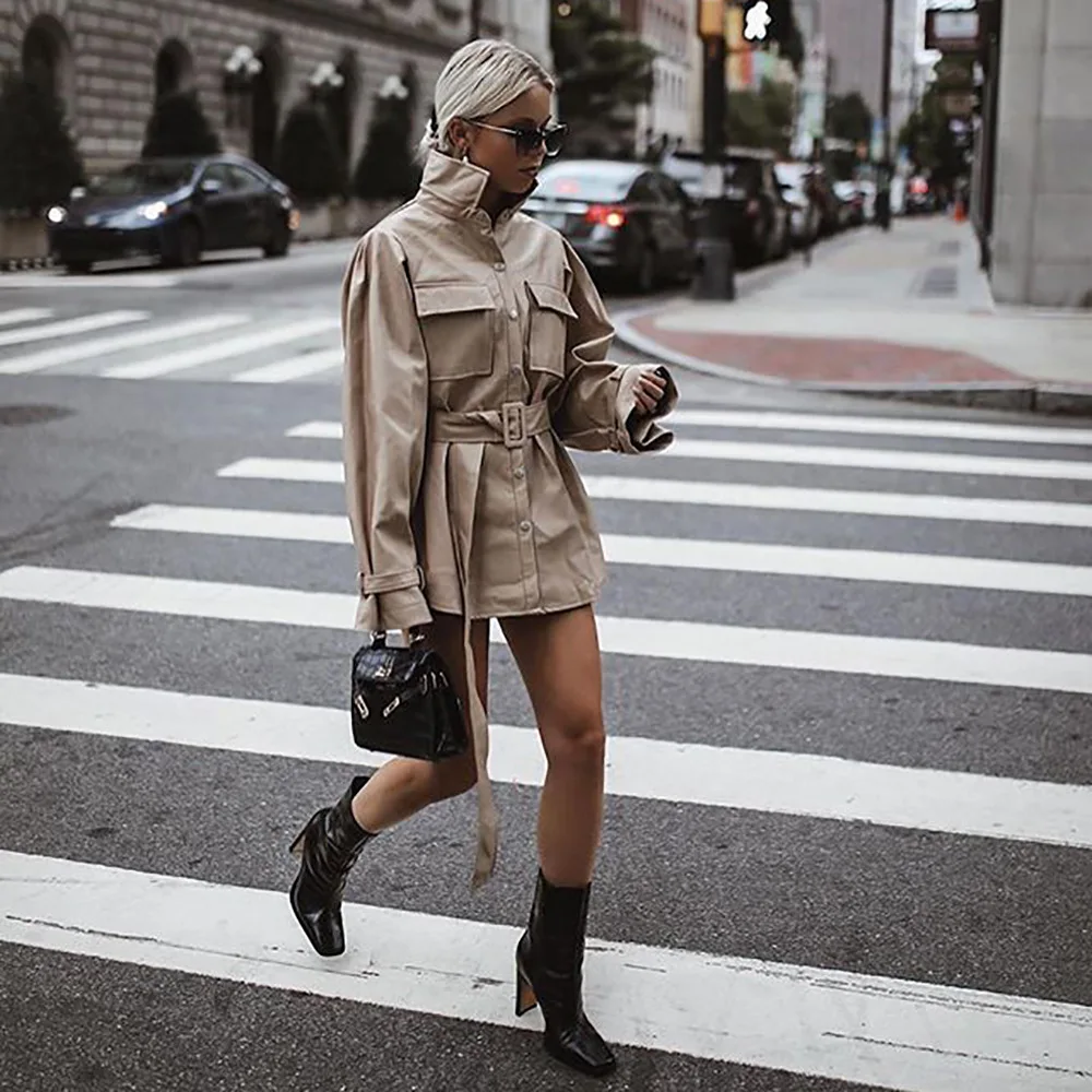 

Autumn Pu Leather Bomber Jacket Coat Women Street Jacket With Belt Harajuku Plus Size Streetwear Basic Jackets Outerwear Coats