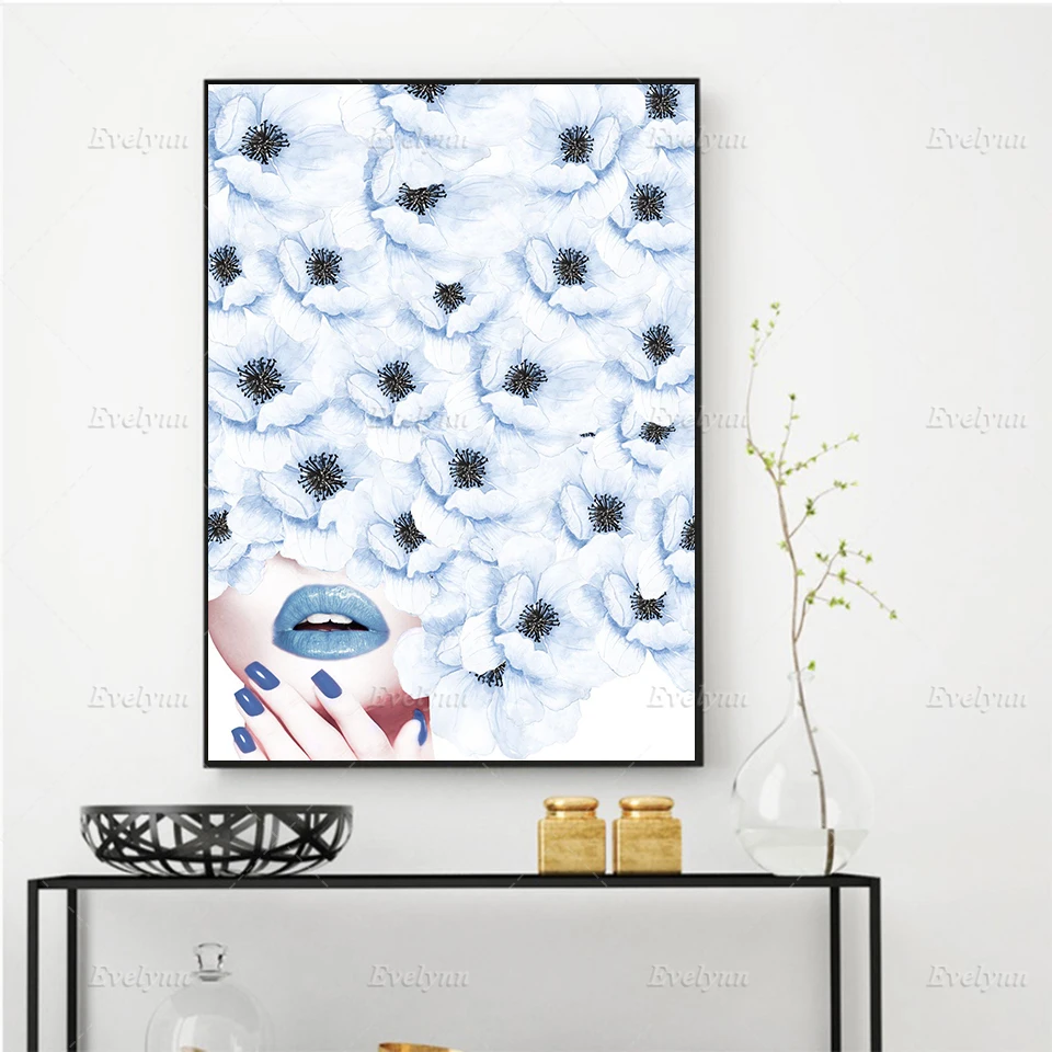 

Nordic Fashion Print, Model Wall Art, Woman Portrait Art Print, Peonies Poster Decor,Navy Blue Decor, Lips Print Canvas Painting