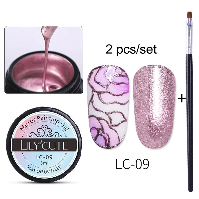 2PCS 9 LILYCUTE 5 мл металлический зеркальный Гель-лак для ногтей, рисунок, роза, красное золото, серебро, Гель-лак для ногтей, сделай сам - Цвет: 2PCS 9