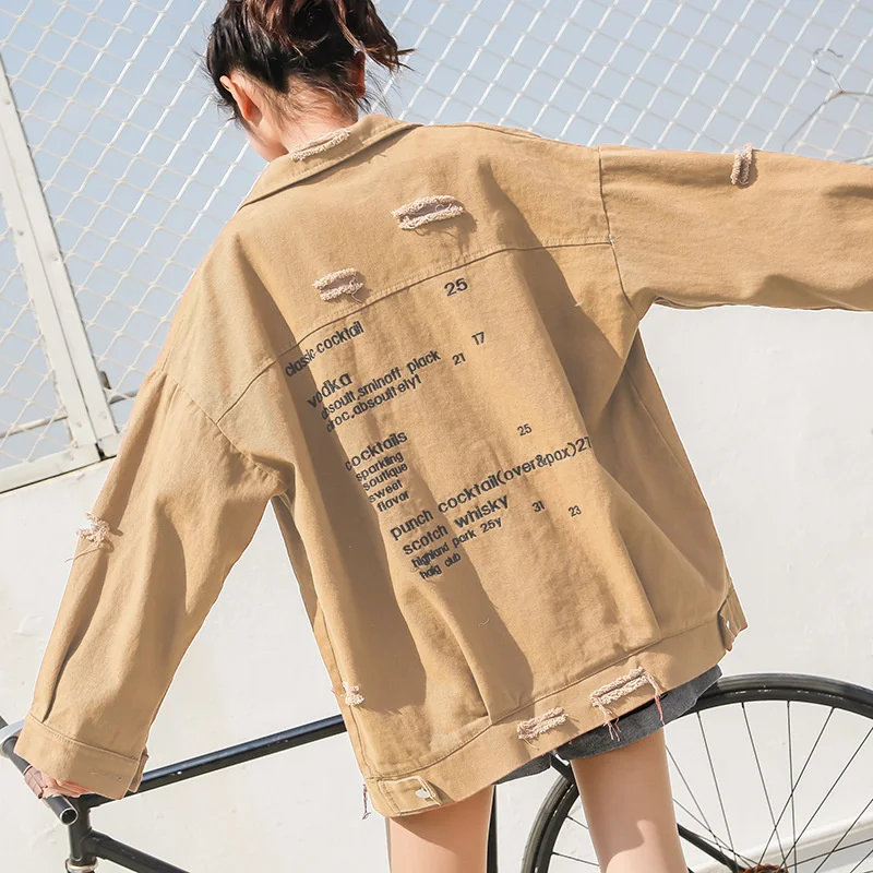 

QING MO Autumn Fashion Denim Coat Women Loose Large Size Letter Printing 2021 New Trend Ripped Cardigan Coat Black ZWL435