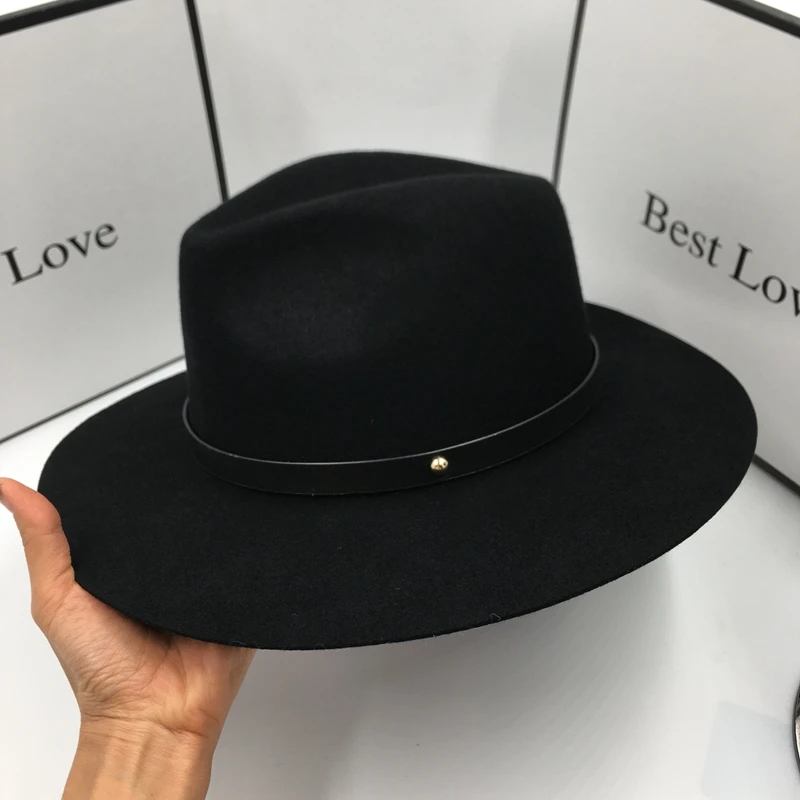 in winter New euramerican style black wool hat for men and women Belt fedoras
