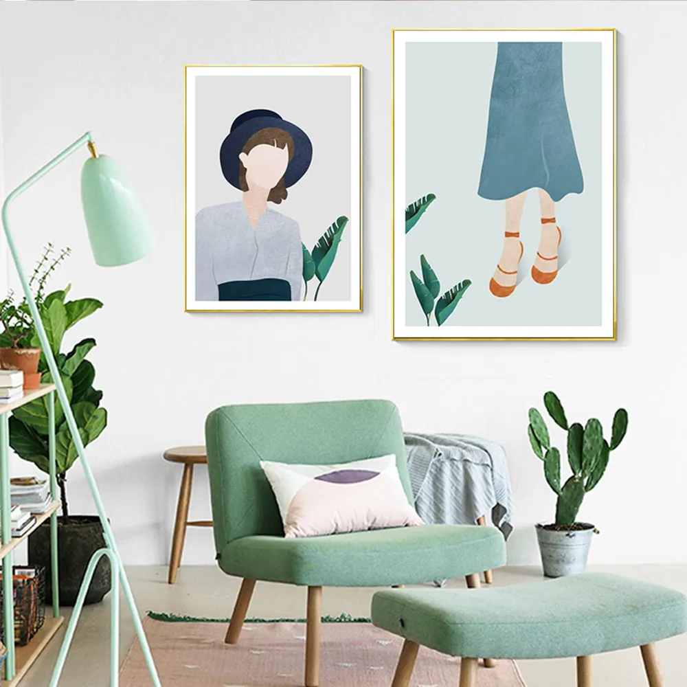 

Abstract Fashion Girl Dress Wall Art Canvas Painting Leaf Plant Posters And Prints Fresh Illustration Modern Pictures Home Decor