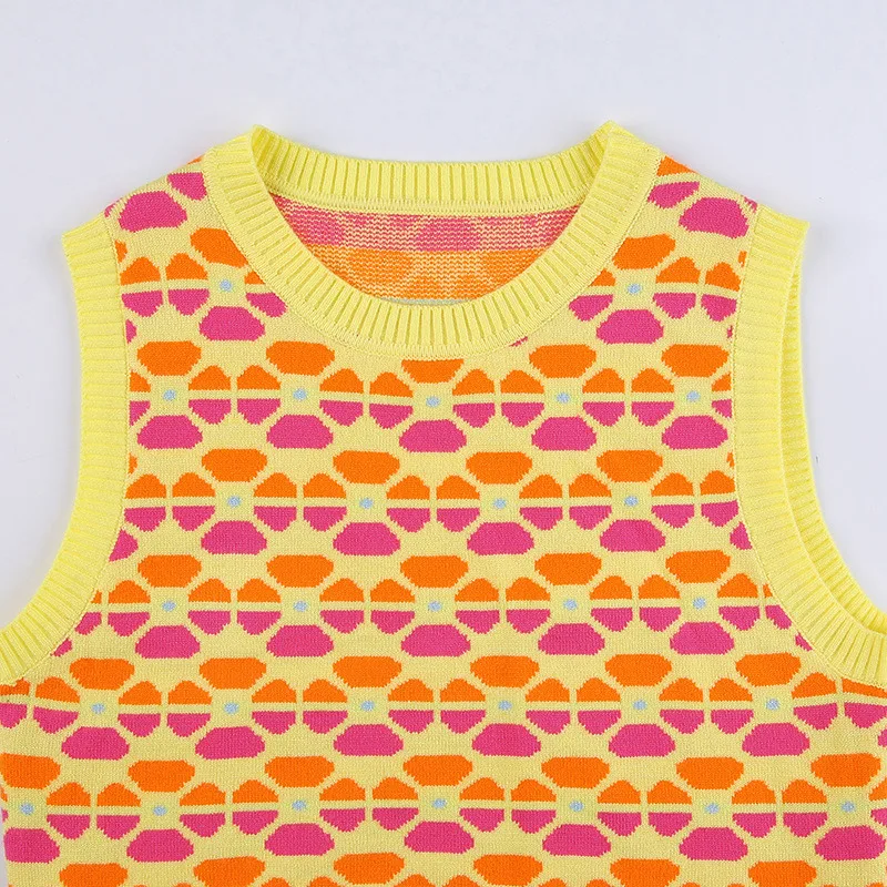 

Autumn Fashion Cute Slim Contrast Color Print Sleeveless O-neck Woman Casual Short Skinny Sweater Vest Lady Knitted Crop Top