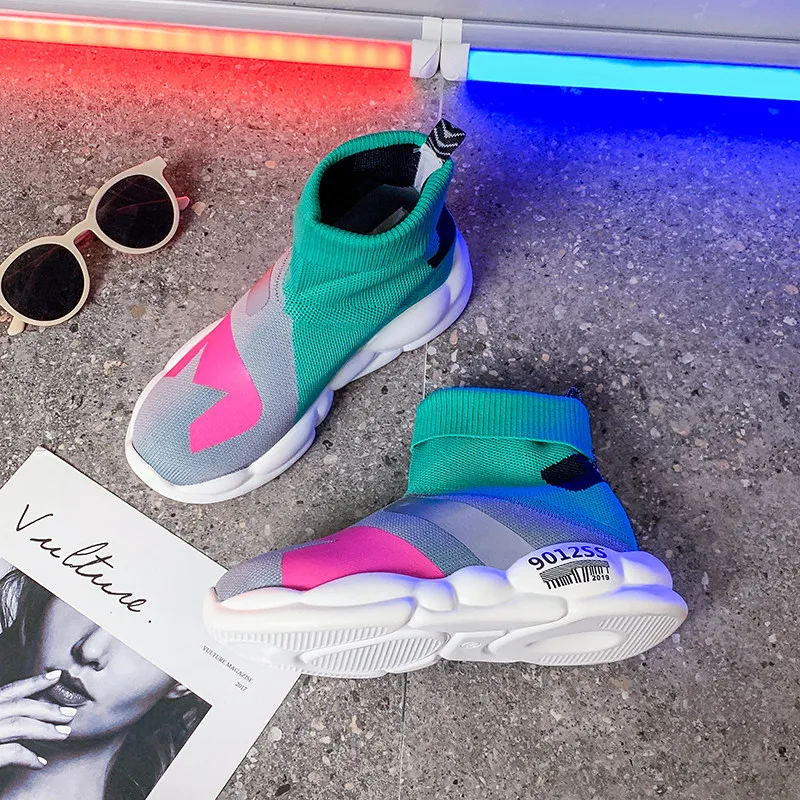 Spring Boots Shoes Woman Flats Sock Elastic Lightweight Shoes Casual Female Colorful Knit Sock Summer Mix Color Shoes
