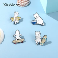 lovely animal enamel pins skateboarding white cat brooch accessories backpack pin badge jewelry gift for women men dropshipping
