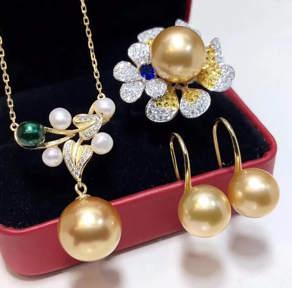 D304 Pearl Sets 925 Sterling Silver 9-12mm Natural Fresh Water Golden Pearls Female's Jewelry for Women FIne | Украшения и